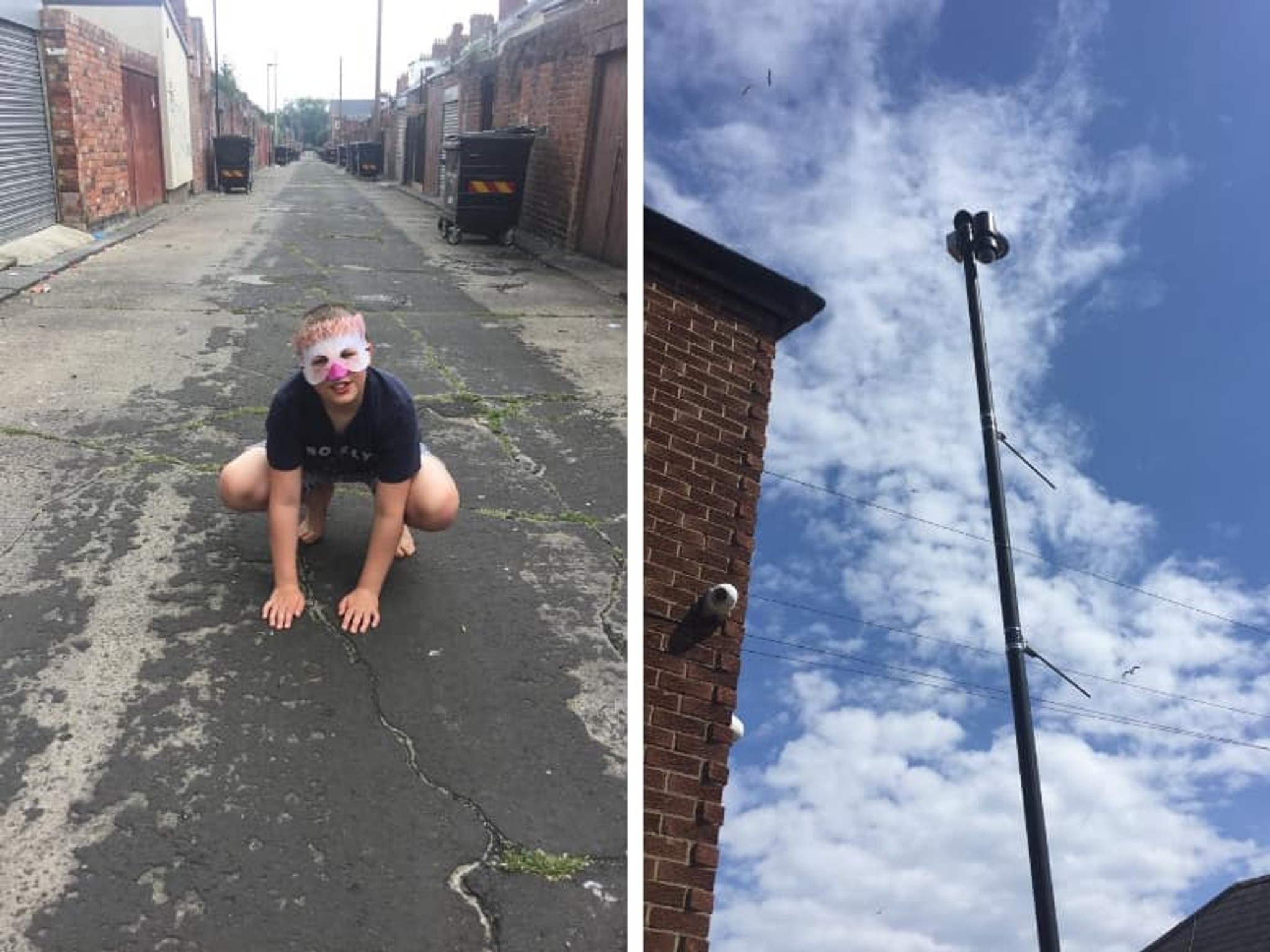 My son taking part in the Ministry walk as a hedgehog. We photographed the CCTV camera at the bottom of the lane and he wanted the CCTV to stream a different kind of data for the hedgehog and create a new channel ‘Worm TV’. He said it was really hard to find worms in the concrete back lanes and he was feeling rather peckish. 